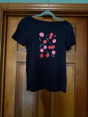 LOFT Black Short Sleeve Tee with Pink & Red Cherry Print